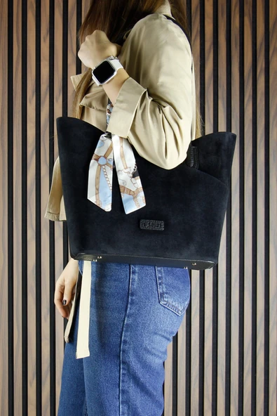 Erkan Saçmacı Siyah Hakiki Dana Süet Manyetik Kapaklı Büyük Boy Günlük Omuz Çantası ve Askılı El Çantası - Resim 7