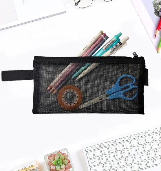 Kalem Kutusu Şeffaf File Yıkanabilir Mesh Kalemlik - Siyah ürün görseli 1