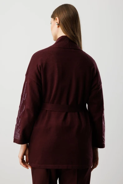 On Kolları Taşlı Kuşaklı Triko Hırka 26KON60902 - Resim 3