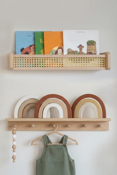 Ahşap Montessori Hazeran 2'li Çocuk Odası Duvar Rafı, Kitaplık ürün görseli 1