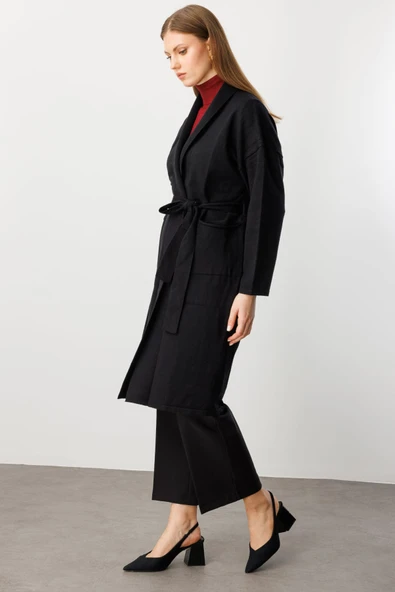 On Beli Kuşaklı Şal Yaka Hırka 26KON60900 - Resim 2