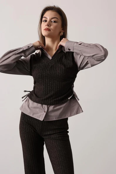 Kemerli Yelek Detaylı Çizgili Pantolon Takımı ürün görseli 1