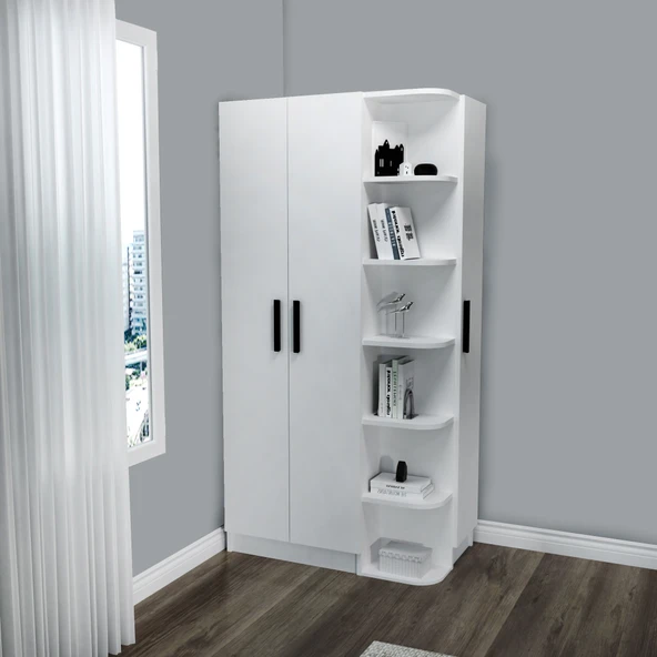 Arnetti Luses 3 Kapaklı Raflı Genç Odası Gardırop, Köşe Gardırop, Beyaz - Resim 3