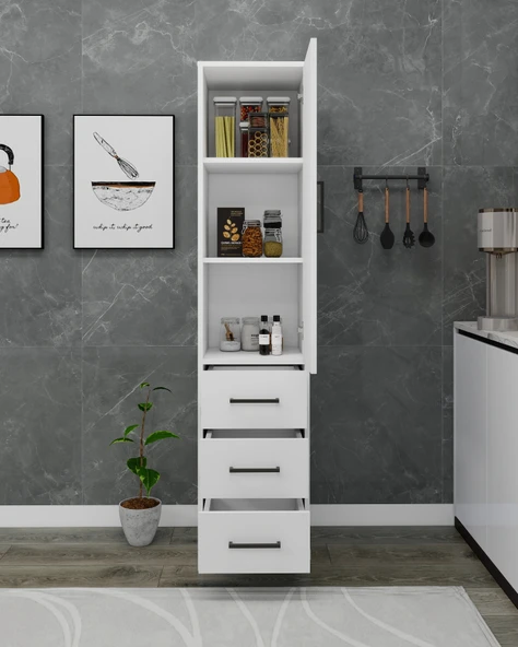 Arnetti Modera Çok Amaçlı Dolap 3 Çekmeceli Kapaklı Modern Saklama Dolabı, Mutfak Dolabı, Safirmeşe Beyaz - Resim 5