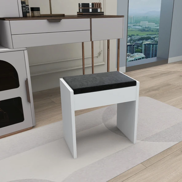 Arnetti Minpuf Dekoratif Makyaj Masası Puf, Beyaz Siyah - Resim 3