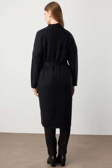 On Taş İşlemeli Kuşaklı Uzun Ceket 26KON60912 - Resim 3