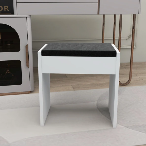 Arnetti Minpuf Dekoratif Makyaj Masası Puf, Beyaz Siyah ürün görseli 1