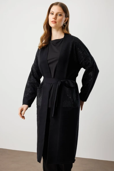 On Taş İşlemeli Kuşaklı Uzun Ceket 26KON60912 - Resim 2