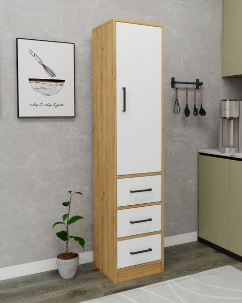 Arnetti Modera Çok Amaçlı Dolap 3 Çekmeceli Kapaklı Modern Saklama Dolabı, Mutfak Dolabı, Safirmeşe Beyaz - Resim 5