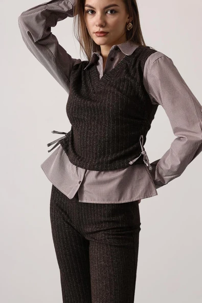 Kemerli Yelek Detaylı Çizgili Pantolon Takımı - Resim 2