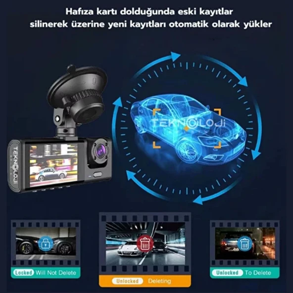 SChitec Trafik Kaydedici Dikiz Aynası | Üç Kameralı 170° Geniş Açı Full HD 1080P Araç İçi Kamera C309 - Resim 3