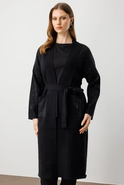 On Taş İşlemeli Kuşaklı Uzun Ceket 26KON60912 ürün görseli 1