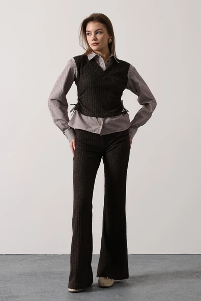 Kemerli Yelek Detaylı Çizgili Pantolon Takımı - Resim 9