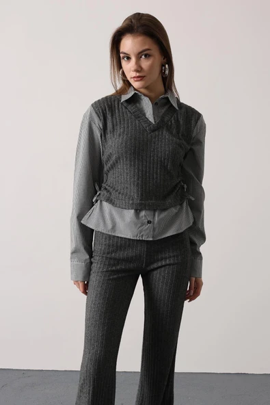 Kemerli Yelek Detaylı Çizgili Pantolon Takımı - Resim 8