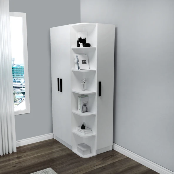 Arnetti Luses 3 Kapaklı Raflı Genç Odası Gardırop, Köşe Gardırop, Beyaz - Resim 2