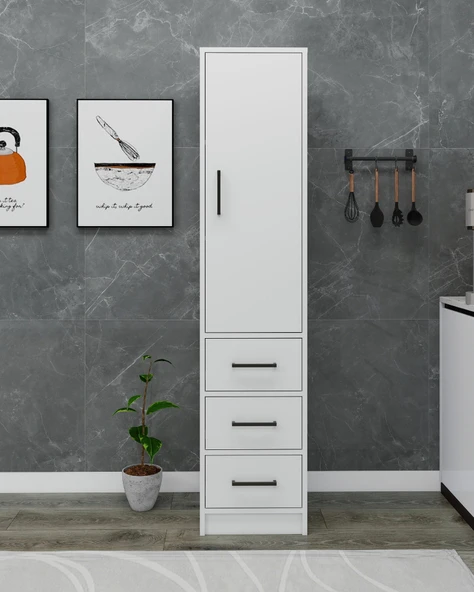 Arnetti Modera Çok Amaçlı Dolap 3 Çekmeceli Kapaklı Modern Saklama Dolabı, Mutfak Dolabı, Safirmeşe Beyaz - Resim 2