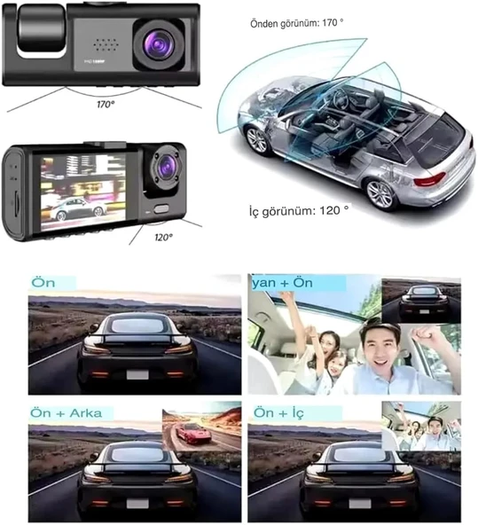 SChitec Trafik Kaydedici Dikiz Aynası | Üç Kameralı 170° Geniş Açı Full HD 1080P Araç İçi Kamera C309 - Resim 5