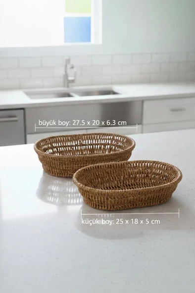 2'li Rattan Görünümlü Plastik Örme Hasır Ekmek ve Sunum Sepeti Seti Büyük ve Küçük Boy - Resim 3