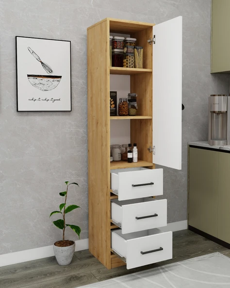 Arnetti Modera Çok Amaçlı Dolap 3 Çekmeceli Kapaklı Modern Saklama Dolabı, Mutfak Dolabı, Safirmeşe Beyaz - Resim 4