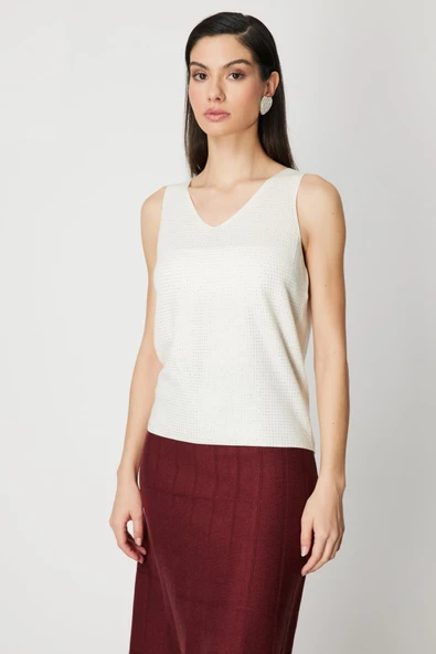 Taşlı V Yaka Triko Bluz On - Resim 2