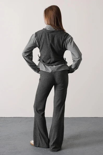 Kemerli Yelek Detaylı Çizgili Pantolon Takımı - Resim 11