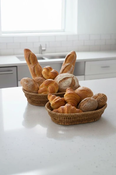 2'li Rattan Görünümlü Plastik Örme Hasır Ekmek ve Sunum Sepeti Seti Büyük ve Küçük Boy - Resim 2