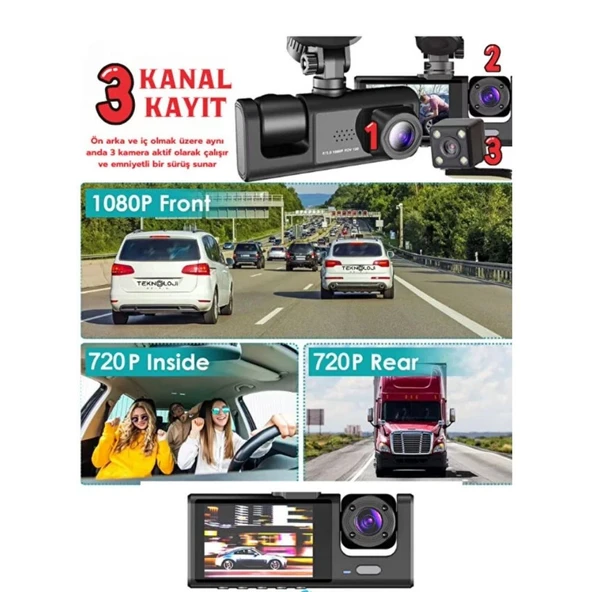 SChitec Trafik Kaydedici Dikiz Aynası | Üç Kameralı 170° Geniş Açı Full HD 1080P Araç İçi Kamera C309 - Resim 2
