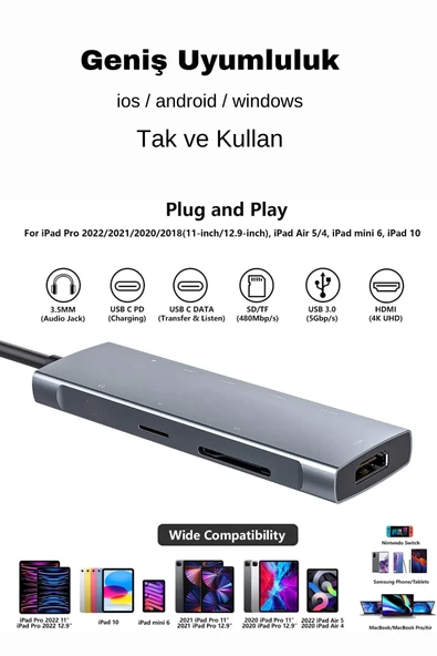 8 in1  Alüminyum Alaşımlı Fuchsia 4K PD Type C SD/TF Hub - Resim 4