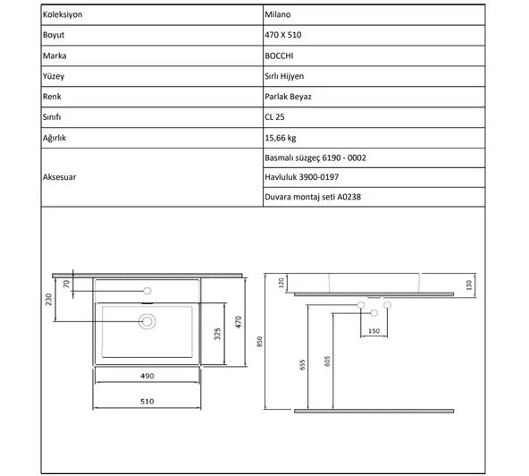 Bocchi Milano 50 cm Lavabo Batarya Delikli Mat Beyaz 1644-002-0126 - Resim 2