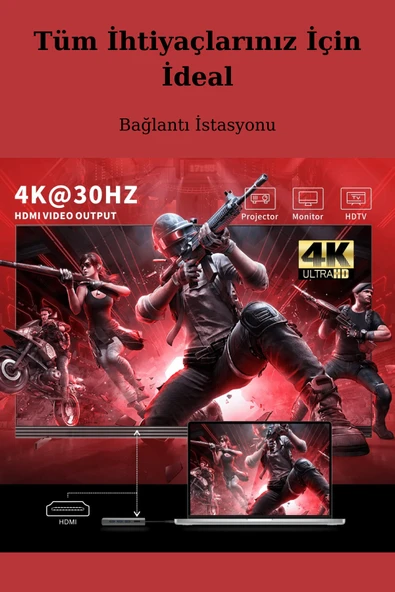 8 in1  Alüminyum Alaşımlı Fuchsia 4K PD Type C SD/TF Hub - Resim 6