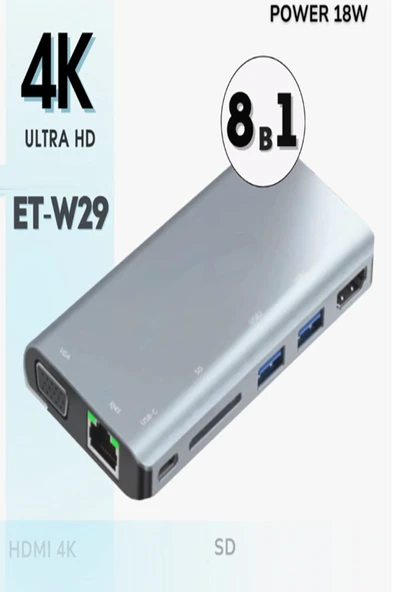 Qpen Hub W28 8 in 1 Usb-C Çok İşlevli Çoklayıcı Bağlantı İstasyonu - Resim 2