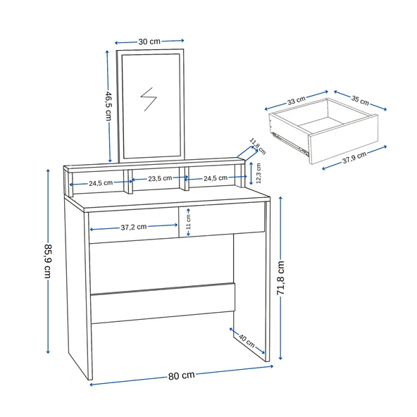 Arnetti Luna Aynalı Çekmeceli Modern Tasarım Makyaj Masası, Beyaz - Resim 4