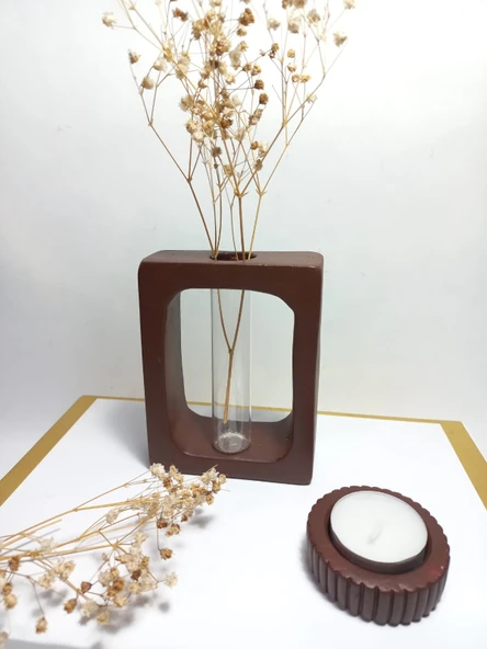 Kuru Çiçeklik Vazo, Chocolate Kahve ( Dikdörtgen Model ) Cam Tüplü Dekoratif - Resim 5