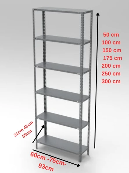 6 Katlı Galvaniz Çelik Raf - Depo, Arşiv, Kiler, Dosya, Market Rafı  31x93 cm 200 cm 1.50 mm - Resim 2