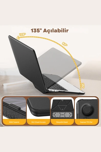 Macbook Air M2/M3 13.6 inç Uyumlu Standlı İnce Lüks Deri Koruyucu Kılıf - Resim 3