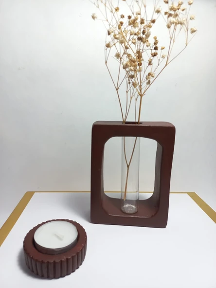 Kuru Çiçeklik Vazo, Chocolate Kahve ( Dikdörtgen Model ) Cam Tüplü Dekoratif - Resim 2