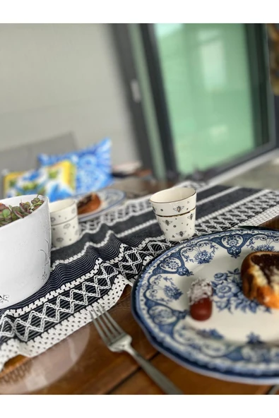 Örme Masa Örtüsü Püsküllü Runner Masa Örtüsü Organik Pamuk Runner 35X155 cm Masa Üstü Runner - Resim 2