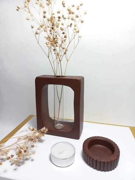 Kuru Çiçeklik Vazo, Chocolate Kahve ( Dikdörtgen Model ) Cam Tüplü Dekoratif - Resim 4