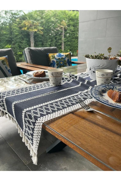 Örme Masa Örtüsü Püsküllü Runner Masa Örtüsü Organik Pamuk Runner 35X155 cm Masa Üstü Runner ürün görseli 1