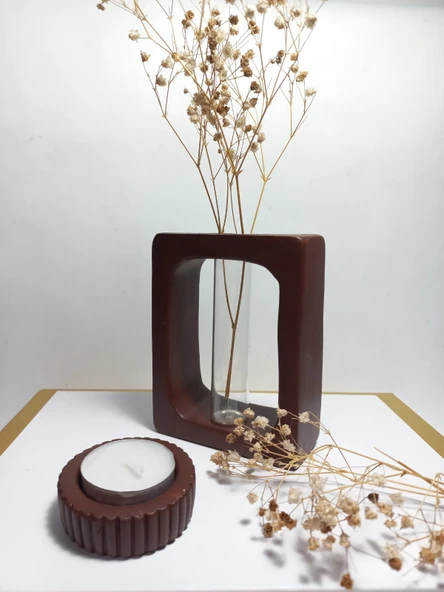 Kuru Çiçeklik Vazo, Chocolate Kahve ( Dikdörtgen Model ) Cam Tüplü Dekoratif - Resim 3