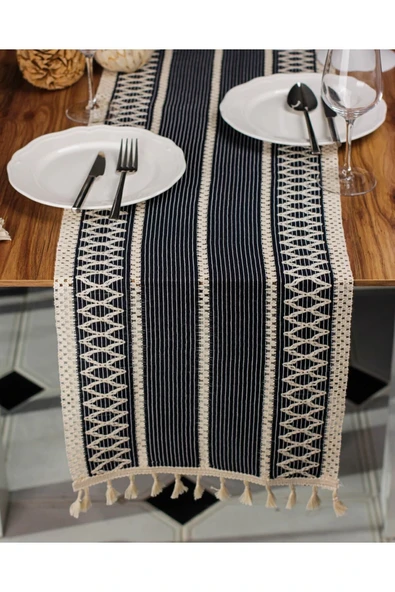 Örme Masa Örtüsü Püsküllü Runner Masa Örtüsü Organik Pamuk Runner 35X155 cm Masa Üstü Runner - Resim 4