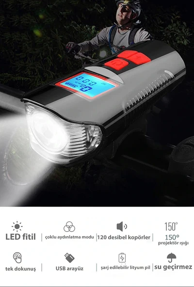 DailyTech Bisiklet Işık Korna LCD Hız Göstergesi Su Geçirmez Fener - Resim 6