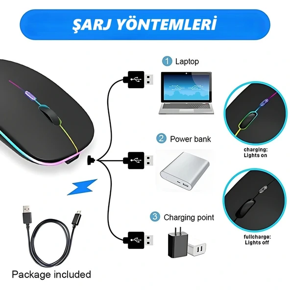 DailyTech Şarj Edilebilir Kablosuz Led Işıklı Sessiz Optic Mouse - SİYAH - Resim 5