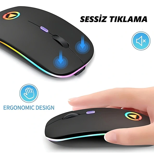DailyTech Şarj Edilebilir Kablosuz Led Işıklı Sessiz Optic Mouse - SİYAH - Resim 4