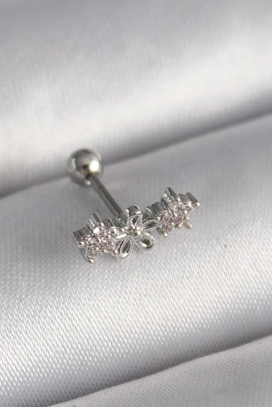 316L Çelik Gümüş Renk Zirkon Taşlı Çiçek Tragus Piercing - TJ-PR1247 ürün görseli 1