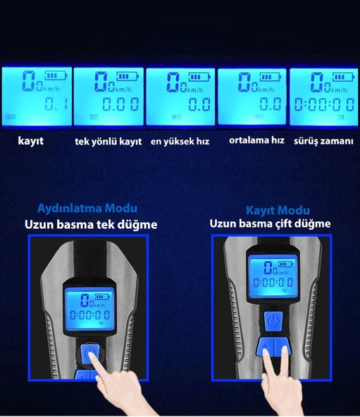 DailyTech Bisiklet Işık Korna LCD Hız Göstergesi Su Geçirmez Fener - Resim 7