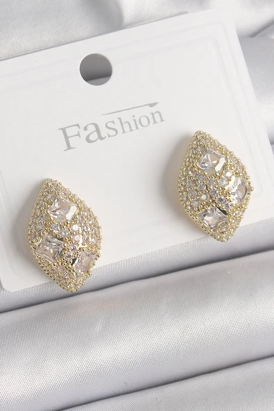 Pirinç Gold Renk Zirkon Taş İşlemeli Damla Model Kadın Küpe - TJ-BKP9862 ürün görseli 1