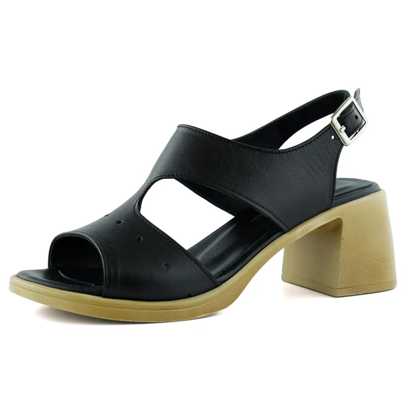 Erkan Saçmacı Ofelia Siyah Hakiki Dana Derisi Delik Detaylı Tokalı Kalın Topuklu Rahat Günlük Sandalet - Resim 4