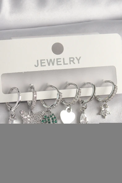 Pirinç Gümüş Renk Zirkon Taşlı Çoklu Figür Kadın Küpe Seti - TJ-BKP10097 ürün görseli 1