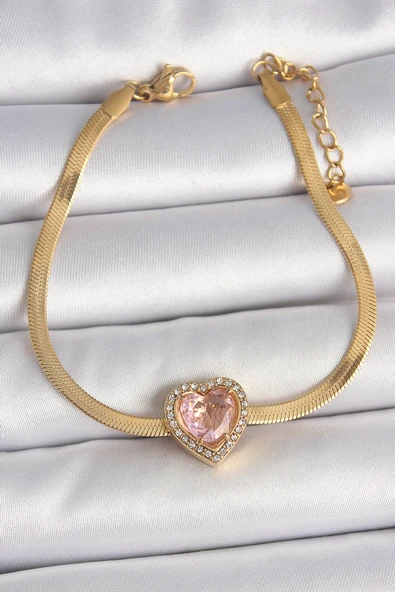 316L Çelik Gold Renk İtalyan Zincir Pembe Zirkon Taşlı Kalp Model Kadın Bileklik - TJ-BB6952 ürün görseli 1